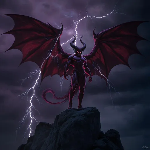 Prompt: Envision a striking image of Lucifer, standing confidently atop a craggy cliff under a stormy, twilight sky. Jagged lightning intermittently illuminates his imposing figure, highlighting his fierce, ethereal beauty. His deep crimson wings spread wide, capturing glimmers of fading sunlight as they flutter gently in the cold wind. Lucifer's intense, captivating gaze pierces through the gathering darkness, a mix of defiance and allure reflected in his eyes. The clouds above swirl ominously, tinted in shades of deep purple and black, while a distant rumble of thunder echoes the raw power he embodies. This scene is infused with a cinematic lighting style, enhancing the dramatic tension of the moment.