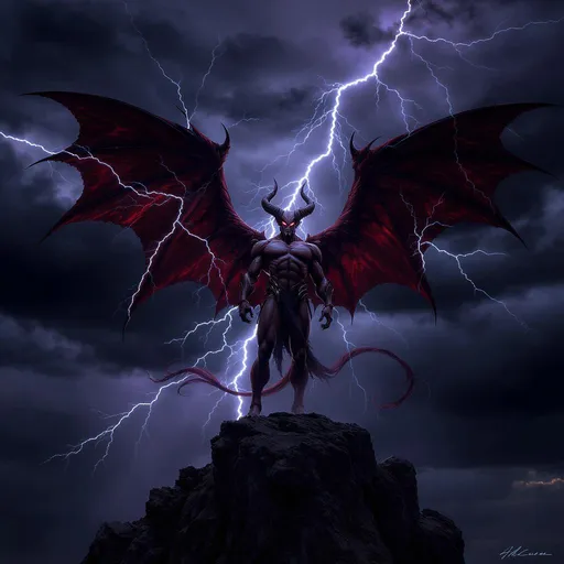 Prompt: Envision a striking image of Lucifer, standing confidently atop a craggy cliff under a stormy, twilight sky. Jagged lightning intermittently illuminates his imposing figure, highlighting his fierce, ethereal beauty. His deep crimson wings spread wide, capturing glimmers of fading sunlight as they flutter gently in the cold wind. Lucifer's intense, captivating gaze pierces through the gathering darkness, a mix of defiance and allure reflected in his eyes. The clouds above swirl ominously, tinted in shades of deep purple and black, while a distant rumble of thunder echoes the raw power he embodies. This scene is infused with a cinematic lighting style, enhancing the dramatic tension of the moment.