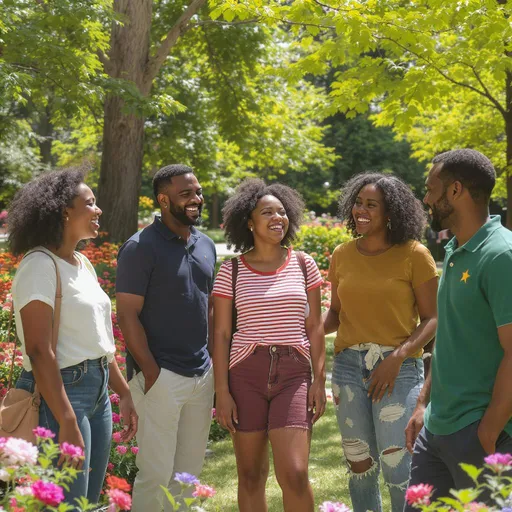 Prompt: Capture a candid moment of a diverse group of people gathered in a sunlit park, laughter and conversation echoing in the air. The scene is filled with lush greenery, the vibrant colors of flowers blooming around them, and dappled sunlight filtering through the trees, casting playful shadows on the ground. Each person is expressed uniquely—some mid-laughter, others engaged in deep conversation, radiating warmth and connection. A gentle breeze stirs the leaves, subtly moving their hair and clothing, adding dynamism to the composition. The image should evoke a sense of community and joy, presented with a photorealistic style that enhances the lifelike details and emotions of the moment.