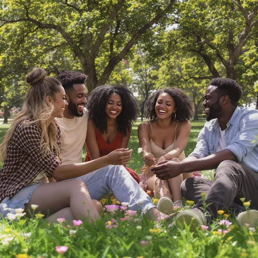 Prompt: Capture a candid moment of a diverse group of friends gathered in a sunlit park, laughter ringing through the air as they sit on a vibrant patch of green grass, surrounded by blooming wildflowers in hues of pink and yellow. The dappled sunlight filters through the leaves of the towering oak trees, casting playful shadows on their faces, which are lit with joy and warmth. Each person displays unique expressions, from wide grins to soft smiles, showcasing the bond they share. Perhaps one friend playfully tosses a flower to another, their carefree spirit reflecting the essence of friendship. This scene could be rendered in a photorealistic style to highlight the details of their expressions and the richness of the natural setting around them.