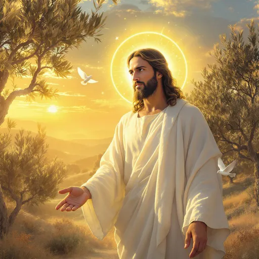 Prompt: Imagine a serene scene depicting Jesus Christ, standing beneath a gently glowing halo that casts soft, warm light upon His figure. The background features a tranquil landscape at sunset, with golden rays filtering through lush olive trees, their leaves swaying softly in a warm breeze. His expression is one of compassion and wisdom, eyes thoughtful as He gazes into the distance. Draped in flowing white robes that reflect the colors of the setting sun, He extends a hand, as if inviting connection. A peaceful dove flutters nearby, adding to the sense of calm. This evocative image is envisioned in a photorealistic style, capturing the intricate details of His features and the enchanting surroundings.