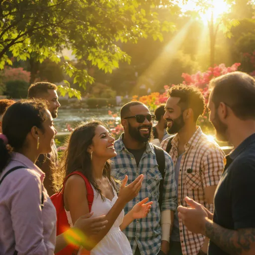 Prompt: Capture a poignant moment in a bustling urban park, where a diverse group of people gathers, their faces illuminated by the warm golden glow of the afternoon sun filtering through vibrant green leaves. Each individual displays a distinct emotion—laughter, contemplation, and warmth—as they interact with each other, a mix of candid conversations and subtle gestures filling the scene with life. The background features gently rippling water and blooming flowers, adding a touch of serenity to the lively atmosphere. Incorporate a soft bokeh effect to enhance the depth of field, creating an intimate feel amidst the lively surroundings. This image would shine with photorealistic detail, bringing every expression and detail to life.