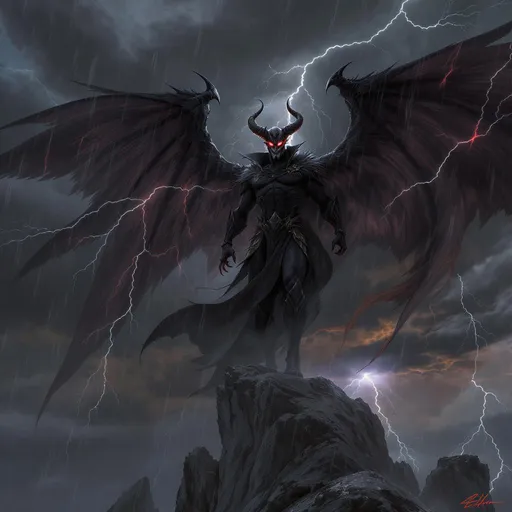 Prompt: Visualize Lucifer as a striking figure, standing atop a jagged cliff against a backdrop of a stormy sky. Dark, billowing clouds swirl ominously, occasionally illuminated by flashes of lightning that cast an eerie glow on his features. His flaming red eyes gleam with a mix of power and mischief, while a faint smirk plays on his lips, suggesting both confidence and rebellion. Dark, feathered wings, partially unfurled, ripple in the tempestuous wind, contrasting vividly against his sleek, flowing black robe that whispers around him. The rugged landscape below, shrouded in shadows, hints at the chaos he embodies. Suggest a dark fantasy concept art style, emphasizing dramatic lighting and vivid contrasts to enhance the atmospheric intensity.