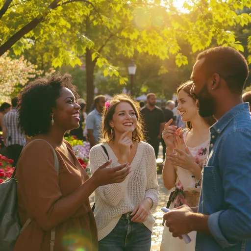 Prompt: Capture a poignant moment in a bustling urban park, where a diverse group of people gathers, their faces illuminated by the warm golden glow of the afternoon sun filtering through vibrant green leaves. Each individual displays a distinct emotion—laughter, contemplation, and warmth—as they interact with each other, a mix of candid conversations and subtle gestures filling the scene with life. The background features gently rippling water and blooming flowers, adding a touch of serenity to the lively atmosphere. Incorporate a soft bokeh effect to enhance the depth of field, creating an intimate feel amidst the lively surroundings. This image would shine with photorealistic detail, bringing every expression and detail to life.