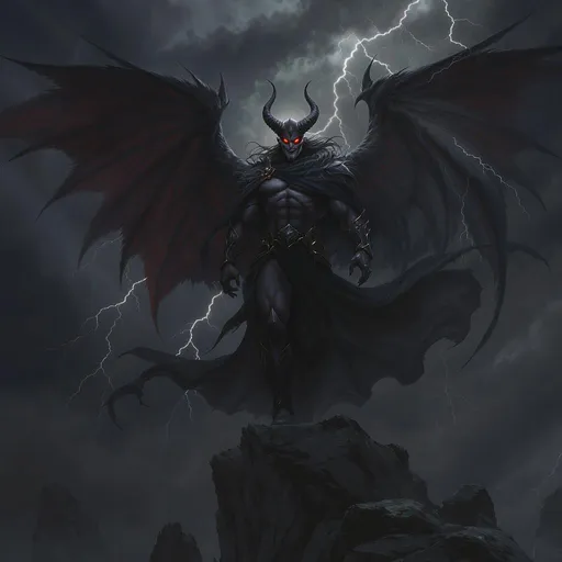 Prompt: Visualize Lucifer as a striking figure, standing atop a jagged cliff against a backdrop of a stormy sky. Dark, billowing clouds swirl ominously, occasionally illuminated by flashes of lightning that cast an eerie glow on his features. His flaming red eyes gleam with a mix of power and mischief, while a faint smirk plays on his lips, suggesting both confidence and rebellion. Dark, feathered wings, partially unfurled, ripple in the tempestuous wind, contrasting vividly against his sleek, flowing black robe that whispers around him. The rugged landscape below, shrouded in shadows, hints at the chaos he embodies. Suggest a dark fantasy concept art style, emphasizing dramatic lighting and vivid contrasts to enhance the atmospheric intensity.