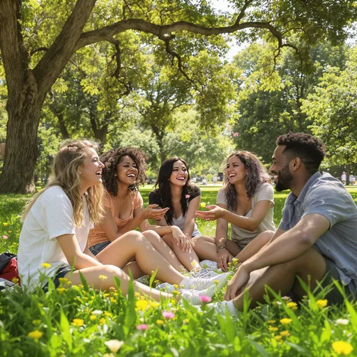 Prompt: Capture a candid moment of a diverse group of friends gathered in a sunlit park, laughter ringing through the air as they sit on a vibrant patch of green grass, surrounded by blooming wildflowers in hues of pink and yellow. The dappled sunlight filters through the leaves of the towering oak trees, casting playful shadows on their faces, which are lit with joy and warmth. Each person displays unique expressions, from wide grins to soft smiles, showcasing the bond they share. Perhaps one friend playfully tosses a flower to another, their carefree spirit reflecting the essence of friendship. This scene could be rendered in a photorealistic style to highlight the details of their expressions and the richness of the natural setting around them.