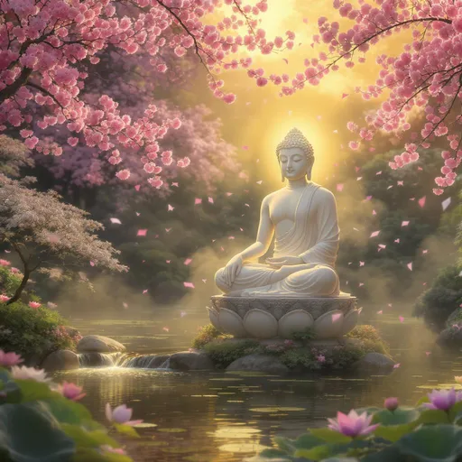 Prompt: Imagine a serene scene enveloped in soft, golden light at dawn, illuminating a tranquil garden filled with blooming lotus flowers. In the center, a majestic statue of the Buddha, carved from smooth white marble, sits in a meditative pose atop a stone pedestal, surrounded by gently flowing water. Wisps of mist hover above the ground, while delicate cherry blossom petals float through the air, whispering secrets of peace. The Buddha's expression is one of deep contemplation, with a slight smile that radiates warmth and compassion. Envision this image captured in a cinematic lighting style that emphasizes the ethereal quality of the morning, creating a sense of calm and spirituality.