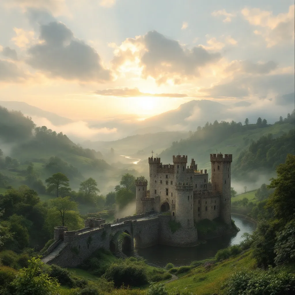 Prompt: Make a photo of dim sun in the sky, with a castle on the  ground?