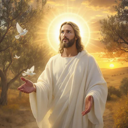 Prompt: Imagine a serene scene depicting Jesus Christ, standing beneath a gently glowing halo that casts soft, warm light upon His figure. The background features a tranquil landscape at sunset, with golden rays filtering through lush olive trees, their leaves swaying softly in a warm breeze. His expression is one of compassion and wisdom, eyes thoughtful as He gazes into the distance. Draped in flowing white robes that reflect the colors of the setting sun, He extends a hand, as if inviting connection. A peaceful dove flutters nearby, adding to the sense of calm. This evocative image is envisioned in a photorealistic style, capturing the intricate details of His features and the enchanting surroundings.