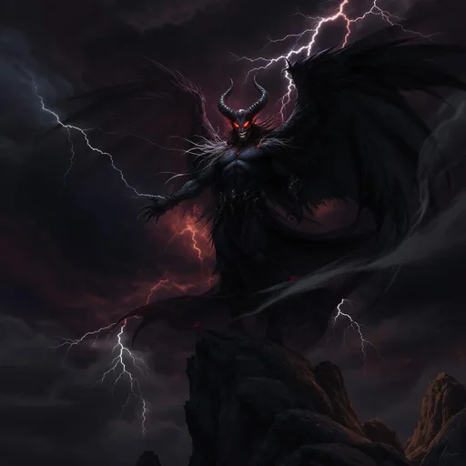 Prompt: Visualize Lucifer as a striking figure, standing atop a jagged cliff against a backdrop of a stormy sky. Dark, billowing clouds swirl ominously, occasionally illuminated by flashes of lightning that cast an eerie glow on his features. His flaming red eyes gleam with a mix of power and mischief, while a faint smirk plays on his lips, suggesting both confidence and rebellion. Dark, feathered wings, partially unfurled, ripple in the tempestuous wind, contrasting vividly against his sleek, flowing black robe that whispers around him. The rugged landscape below, shrouded in shadows, hints at the chaos he embodies. Suggest a dark fantasy concept art style, emphasizing dramatic lighting and vivid contrasts to enhance the atmospheric intensity.