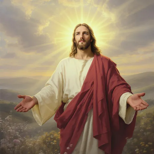 Prompt: A serene and evocative portrait of Jesus Christ, capturing Him in a moment of quiet contemplation. Set against a golden dawn sky, soft rays of sunlight break through scattered clouds, illuminating His gentle face with a divine glow. Jesus stands with His arms outstretched, clad in flowing, simple robes of off-white and deep burgundy, symbolizing humility and sacrifice. His expression is peaceful yet profound, eyes reflecting a deep wisdom and compassion. Surrounding Him, an ethereal landscape of rolling hills and blooming wildflowers adds to the tranquility of the scene. This image conveys a sense of hope and serenity, suggesting the dawn of a new beginning. The style is a mix of dreamlike realism and classical portraiture, embracing warm tones to enhance the sacred atmosphere.