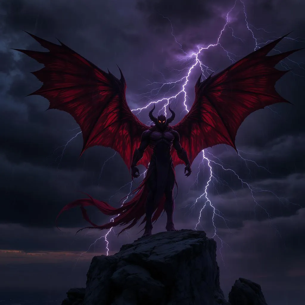 Prompt: Envision a striking image of Lucifer, standing confidently atop a craggy cliff under a stormy, twilight sky. Jagged lightning intermittently illuminates his imposing figure, highlighting his fierce, ethereal beauty. His deep crimson wings spread wide, capturing glimmers of fading sunlight as they flutter gently in the cold wind. Lucifer's intense, captivating gaze pierces through the gathering darkness, a mix of defiance and allure reflected in his eyes. The clouds above swirl ominously, tinted in shades of deep purple and black, while a distant rumble of thunder echoes the raw power he embodies. This scene is infused with a cinematic lighting style, enhancing the dramatic tension of the moment.