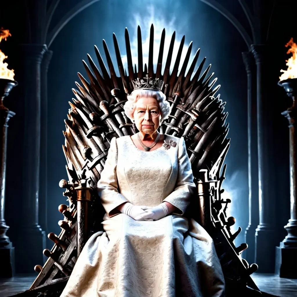 Prompt: Queen Elizabeth sitting on the Iron Throne from Game of Thrones