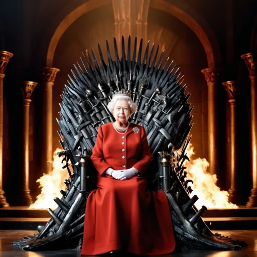 Prompt: Queen Elizabeth sitting on the Iron Throne from Game of Thrones