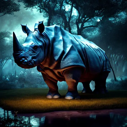 Prompt: A rhinoceros statue in the center of the dark night enchanted forest surrounded by glowing wetlands