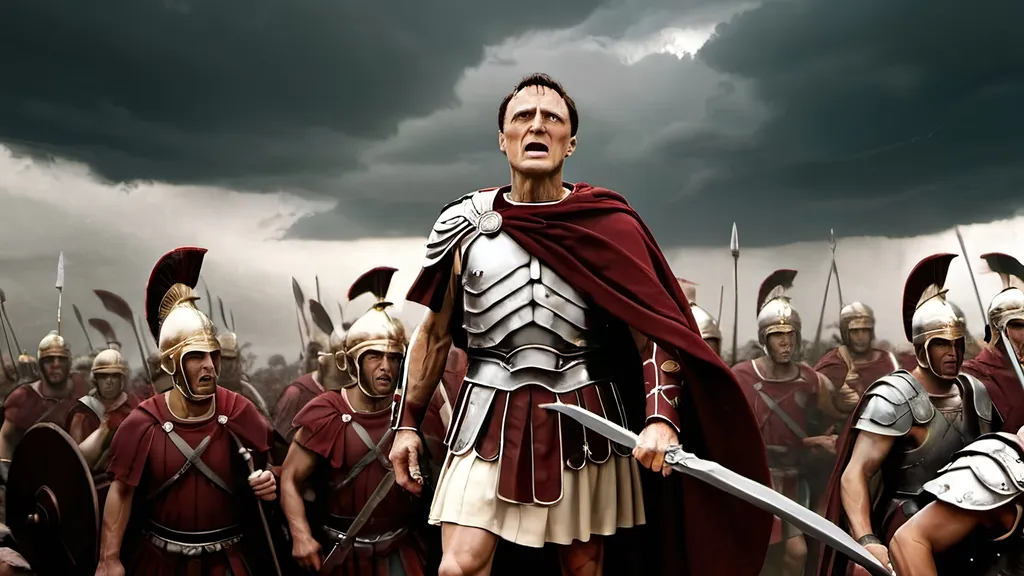 Prompt: julius caesar and his legions crossing the rubicon. their faces display resolve and determination. there is a storm gathering in the background.