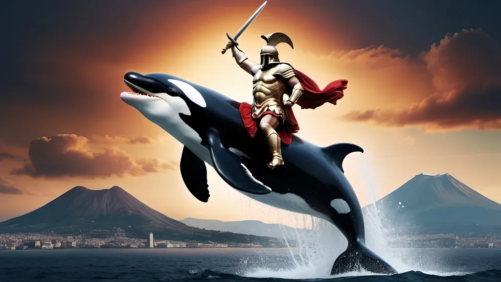 Prompt: a centurion riding a killer whale as it leaps in the air. mount vesuvius is in the background with smoke rising from its peak. the centurion is holding a short sword above his head in triumph.