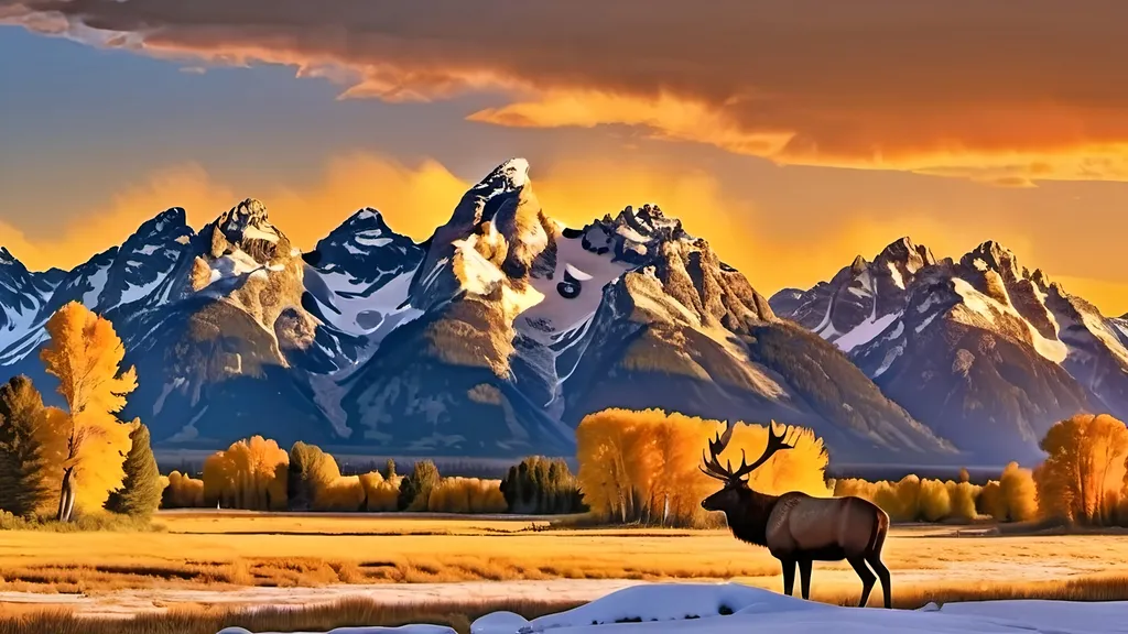 Prompt: the grand teton mountains bathed in the golden light of a sunset. the light strikes the peaks from the side highlighting the snowy peaks. a stag elk looks toward us in the foreground.