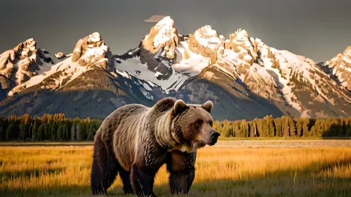 Prompt: the grand teton mountains bathed in the golden light of a sunset. the light strikes the peaks from the side highlighting the snowy peaks. a grizzly bear looks toward us. the bear is standing in a meadow.