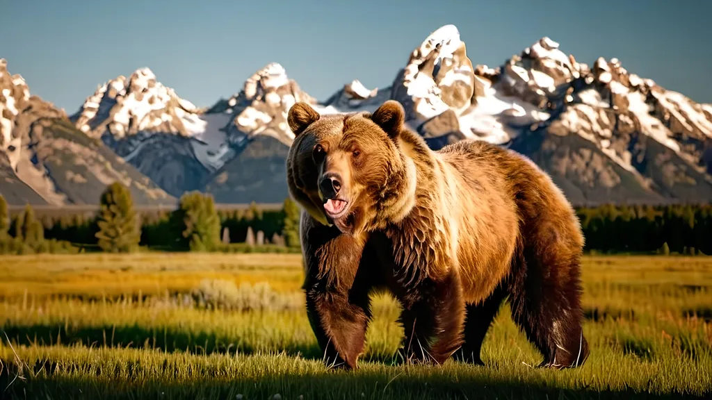 Prompt: the grand teton mountains bathed in the golden light of a sunset. the light strikes the peaks from the side highlighting the snowy peaks. a grizzly bear looks toward us. the bear is standing in a meadow.