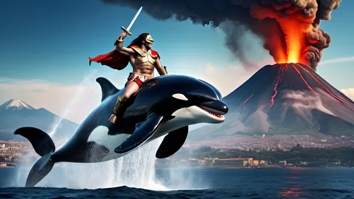 Prompt: a centurion riding a killer whale as it leaps in the air. mount vesuvius is in the background with smoke rising from its peak. the centurion is holding a short sword above his head in triumph.