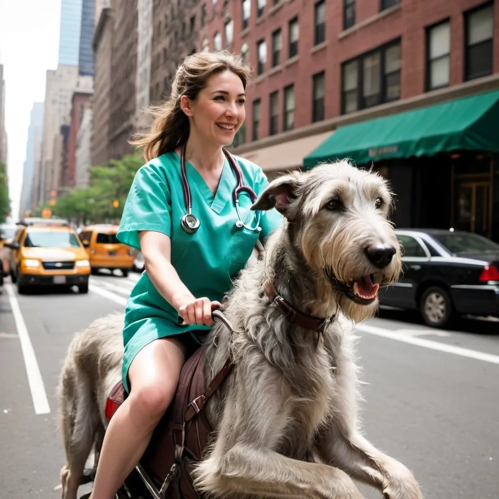 Prompt: a small woman riding on the back of an irish wolfhound in new york city. she's wearing nurse scrubs.