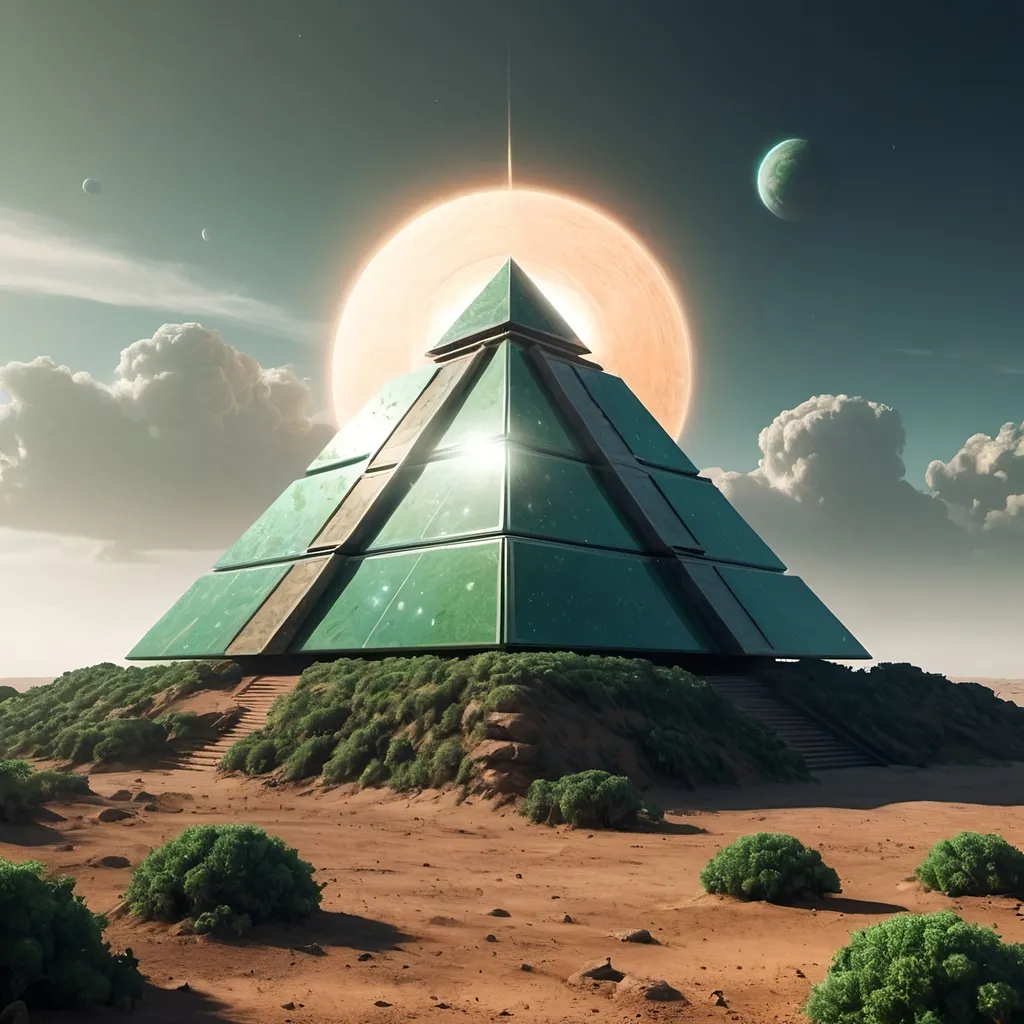 Prompt: A futuristic pyramid on a trisolaris. The planet should have 3 suns but only one should be visible. The planet is sparsely vegetated. It is raining with spotty clouds.