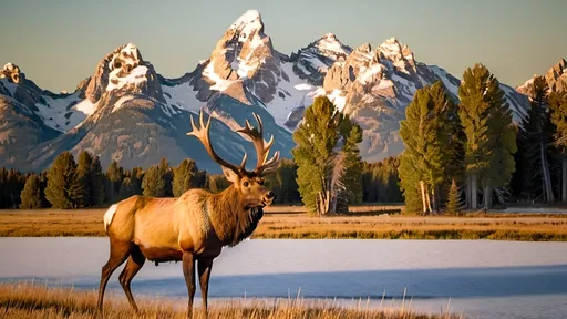 Prompt: the grand teton mountains bathed in the golden light of a sunset. the light strikes the peaks from the side highlighting the snowy peaks. a stag elk looks toward us in the foreground.