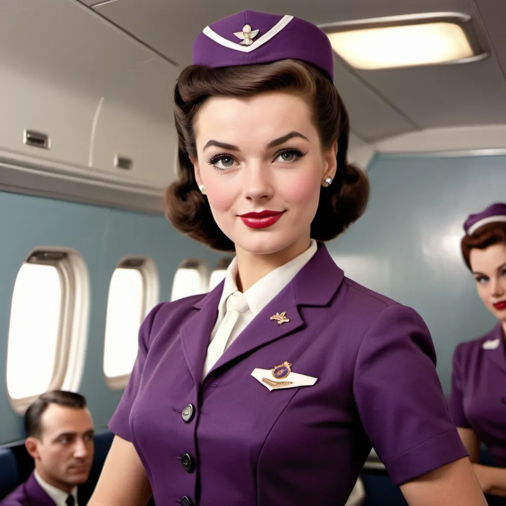 Prompt: A realistic image of a stewardess from the 1950s wearing a purple uniform