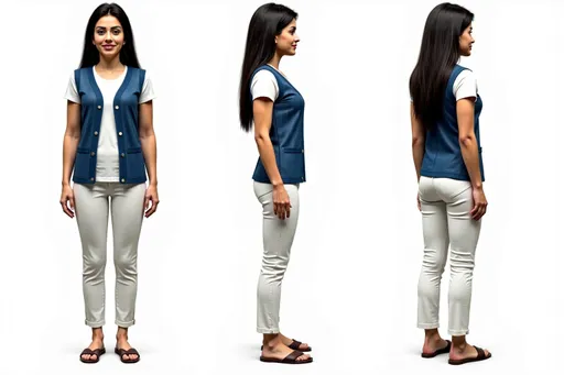 Prompt: A full-body character sheet of photorealistic young woman 04e44139 with long dark hair, bold eyebrows, blue patterned vest, white shirt, white pants displayed in three clear views on a clean white background, arranged in a three-column grid pattern with equal spacing and importance. Left panel: front view showing complete anatomical details and outfit. Center panel: perfect 90-degree side view (profile) clearly showing the character's side silhouette, facial profile, and outfit from a direct lateral perspective. Right panel: back view revealing posterior details Each view maintains consistent scale, lighting, and full-body presentation from head to toe. All three perspectives must be equally detailed and given equal prominence in the composition.