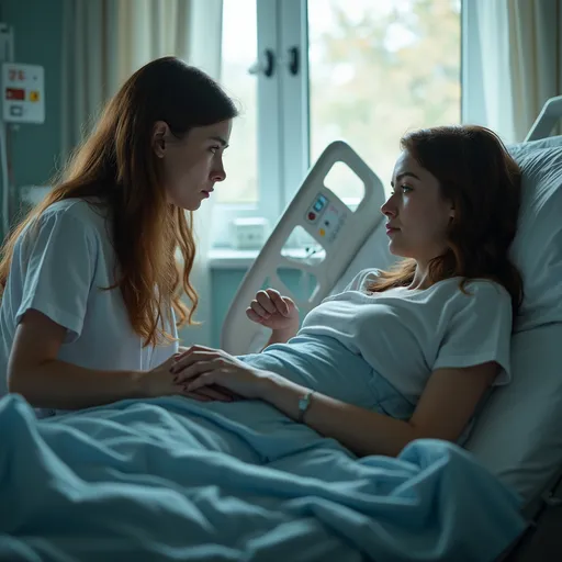Prompt: 
> “A hospital room with a young woman lying unconscious on a hospital bed, connected to IV drip and heart monitor, oxygen tube in her nose. She looks pale and fragile. Beside her, a 26-year-old British woman with long chestnut brown hair sits holding her hand, looking emotional and worried. The room is softly lit by daylight through a window, with medical equipment around, creating a tender and dramatic atmosphere. Cinematic, photorealistic, UK hospital setting.”