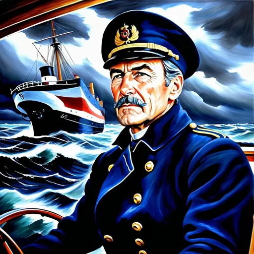 Prompt: Oil painting, ship captain at the wheel in bad squall, determination on weathered face, battling the elements, high quality, detailed, realistic, dramatic lighting, stormy seas, intense expression, traditional art style, maritime theme, wooden ship, turbulent weather, rugged features, professional artwork