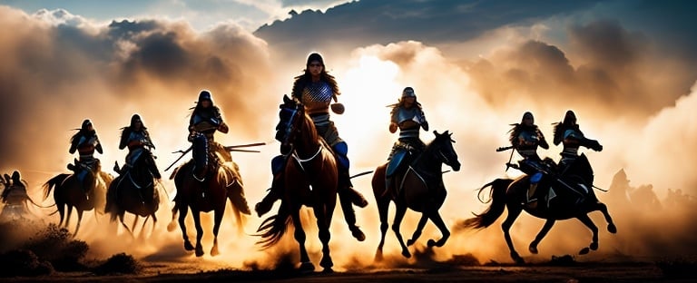 Prompt: Group of female Amazon warriors charging, bare-breasted, their queen in front, charging on horseback, intense battle scene, ancient warfare, detailed armor and weapons, dynamic action, high quality, realistic, historical art, Golden Hour at dawn, warm, earthy tones, dramatic lighting