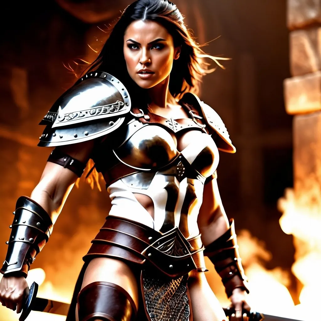 Prompt:  hyper-realistic, Photorealistic, 4k, 3D, fierce female Barbarian warriors, intense battle scene, leather breastplate armor, short leather loincloths, heavily muscled, full body shot, realistic, intense action, muscular physique, detailed features, detailed armor and weapons, high quality, realistic, historical art, warm, earthy tones, dramatic lighting, dramatic shadows, epic battle, high quality, intense, earthy tones, Golden Hour Dawn lighting, natural lighting, realism



