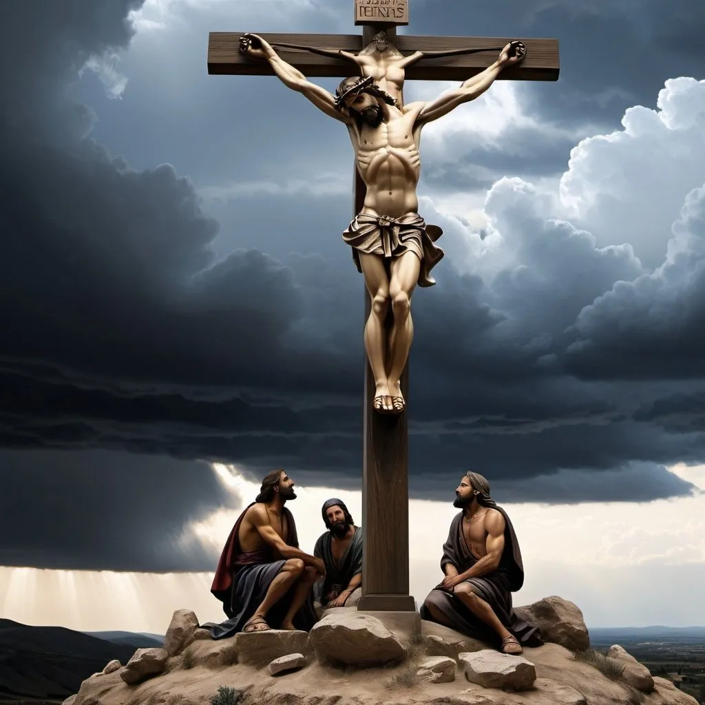 Prompt: Hyper realist, photorealistic, Very detailed, Sharp details, 30 C.E. Crucifixion scene of THREE MEN, Base of Golgotha, Close View, gathering storm clouds, historical, intense realism, dramatic lighting, highres, detailed landscape, realistic textures, realistic atmosphere