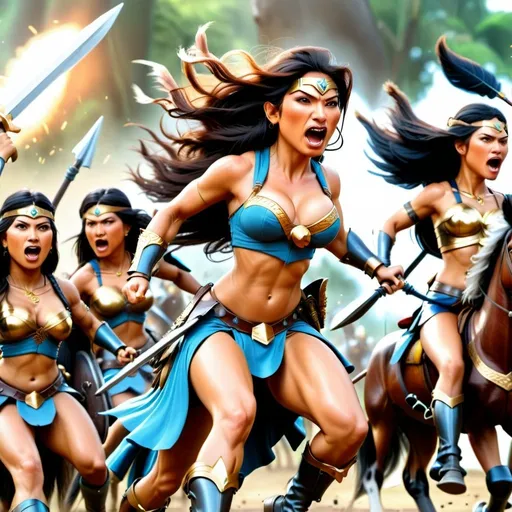 Prompt: Group of female Amazon warriors charging, bare-breasted, their queen in front, charging on horseback, intense battle scene, ancient warfare, detailed armor and weapons, dynamic action, high quality, realistic, historical art, earthy tones, dramatic lighting