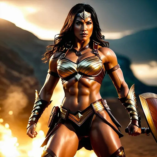 Prompt: hyper-realistic, 4k, fierce female Amazon warriors, arena battle, stripped to the waist, short leather loincloths, heavily muscled, full-body shot, golden hour lighting, realistic, intense action, muscular physique, detailed features, dramatic shadows, epic battle, high quality, intense, natural lighting