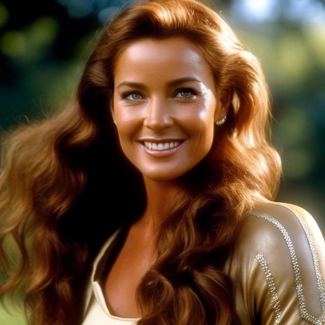 Prompt: Hyper realistic, photorealistic, extremely detailed. Full body shot but close enough so details can be clearly seen. soft, natural lighting.
A woman riding a horse by a stream in a wooded clearing. Woman is athletically built, with auburn hair with volume. Face has Cote de Pablos' eyes are sparkling green. Jeri Ryan's mouth, and she is smiling with mouth closed. Body is similar to Linda Carter's. Skin is well tanned. Hair is deep Auburn. 
She is wearing a tight leather Halter top, short-shorts, and knee-high black riding boots. Horse is a large reddish-brown Chestnut thoroughbred with black mane and tail, and white socks on forelegs, and white stripe on the nose.