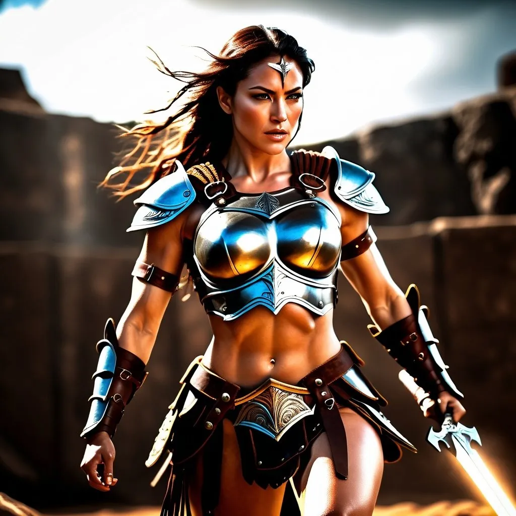 Prompt: hyper-realistic, Photorealistic, 4k, fierce female Amazon warriors, arena battle, intense battle scene, Breastplate armor, short leather loincloths, heavily muscled, full body shot, realistic, intense action, muscular physique, detailed features, detailed armor and weapons, high quality, realistic, historical art, earthy tones, dramatic lighting, dramatic shadows, epic battle, high quality, intense, earthy tones, natural lighting, realism

