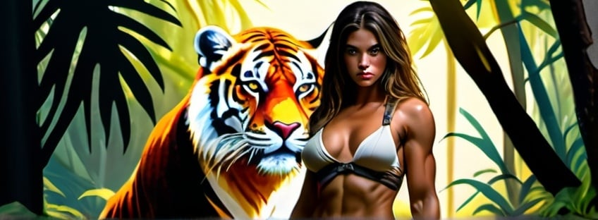 Prompt: Hyper realistic, photorealistic, color photograph, barbarian woman with a large tiger, full body shot, intense gaze, detailed fur and muscles, lush jungle backdrop, sunlight filtering through dense foliage, high quality, detailed, intense colors, dramatic lighting, golden hour