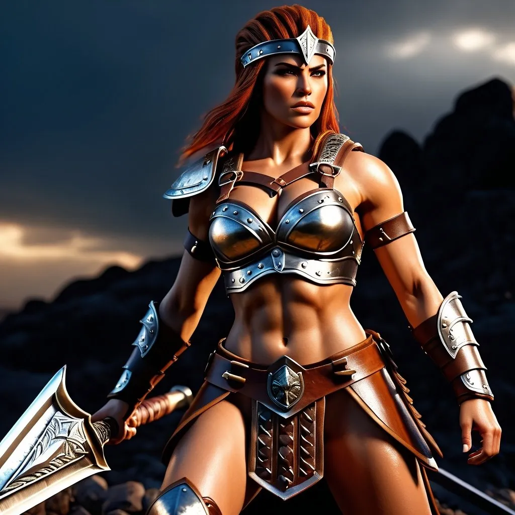 Prompt:  hyper-realistic, Photorealistic, 4k, 3D, fierce female Barbarian warriors, 34C-25-33 close fitting leather armor, short leather loincloths, heavily muscled, full body shot, realistic, intense action, muscular physique, detailed features, detailed armor and weapons, high quality, realistic, historical art, warm, earthy tones, dramatic lighting, dramatic shadows, epic battle, high quality, intense, earthy tones, Golden Hour Dawn lighting, natural lighting, realism



