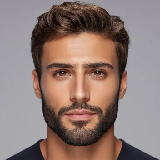 Prompt: Composite face of a 30-year-old man, hyper-realistic, photorealistic, deep-set hazel eyes, strong chiseled jawline and chin, short wavy comb-over hair with short full beard, high cheekbones, symmetrical, subtle contour nose, defined nostrils, defined lips, tanned complexion, high quality, photorealism, detailed features, realistic, symmetrical, hazel eyes, chiseled jawline, wavy hair, full beard, high cheekbones, detailed nose, photorealistic lighting