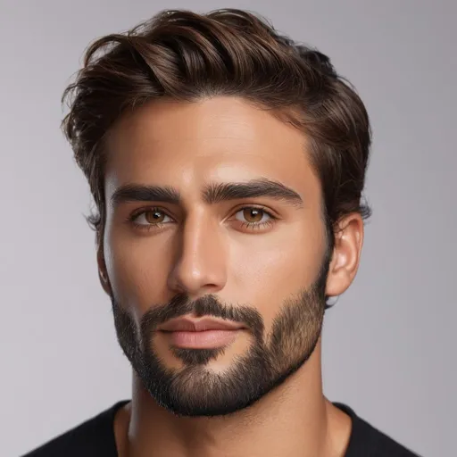 Prompt: side view Composite face of a 30-year-old man, hyper-realistic, photorealistic, Well-Defined Brow Ridge, deep-set hazel eyes, strong chiseled jawline and chin, short wavy hair with short full beard, high cheekbones, symmetrical, subtle contour nose, defined nostrils, defined lips, tanned complexion, high quality, photorealism, detailed features, realistic, symmetrical, hazel eyes, chiseled jawline, wavy hair, full beard, high cheekbones, detailed nose, photorealistic lighting