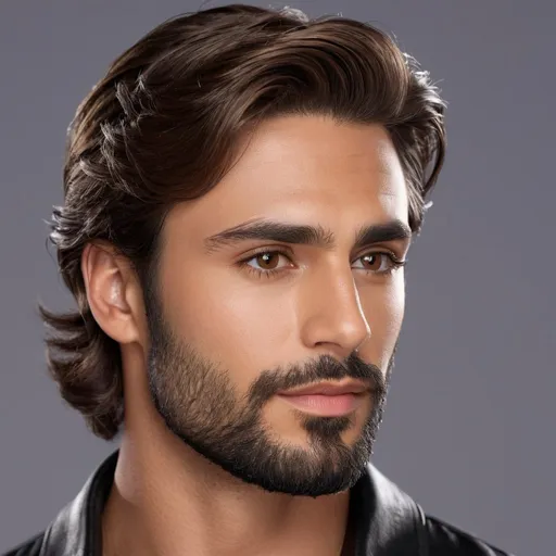 Prompt: side view Composite face of a 30-year-old man, hyper-realistic, photorealistic, Well-Defined Brow Ridge, deep-set hazel eyes, strong chiseled jawline and chin, short wavy hair with moderate full beard, high cheekbones, symmetrical, subtle contour nose, defined nostrils, defined lips, tanned complexion, high quality, photorealism, detailed features, realistic, symmetrical, hazel eyes, chiseled jawline, wavy hair, full beard, high cheekbones, detailed nose, photorealistic lighting