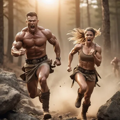 Prompt: Fit and muscled male and female barbarians clad in breechclouts, running into battle on rocky terrain, full body shot, realistic lighting in golden hour, earth tones, forest setting, high quality, lifelike, action-packed, intense, dynamic poses, dramatic lighting, detailed muscle definition, rugged terrain, fierce expressions, forest landscape