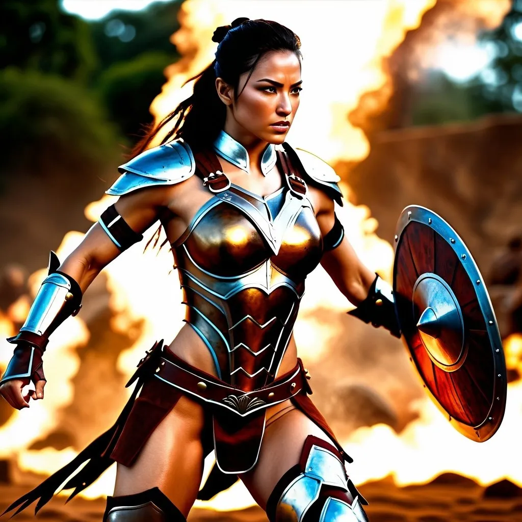 Prompt: hyper-realistic, Photorealistic, 4k, 3D, fierce female Amazon warriors, arena battle, intense battle scene, Breastplate armor, short leather loincloths, heavily muscled, full body shot, realistic, intense action, muscular physique, detailed features, detailed armor and weapons, high quality, realistic, historical art, warm, earthy tones, dramatic lighting, dramatic shadows, epic battle, high quality, intense, earthy tones, mid-afternoon lighting, natural lighting, realism

