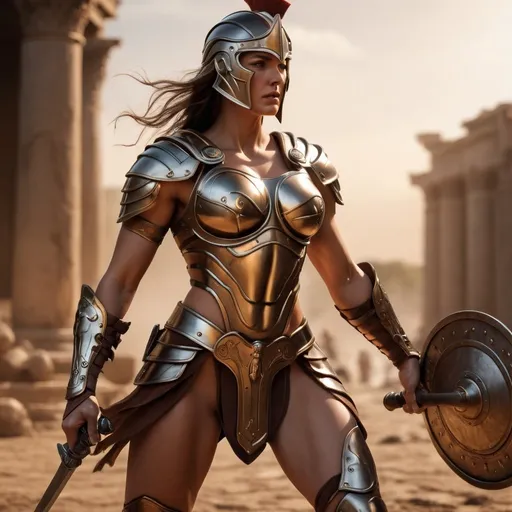 Prompt: hyper-realistic, Photorealistic, 4k, 3D, Athena, goddess of war, 34C-25-33, arena battle, intense battle scene, Close fitting leather armor, short leather loincloths, heavily muscled, full body shot, realistic, intense action, muscular physique, detailed features, detailed armor and weapons, high quality, realistic, historical art, warm, earthy tones, dramatic lighting, dramatic shadows, epic battle, high quality, intense, earthy tones, Golden Hour Dawn lighting, natural lighting, realism
