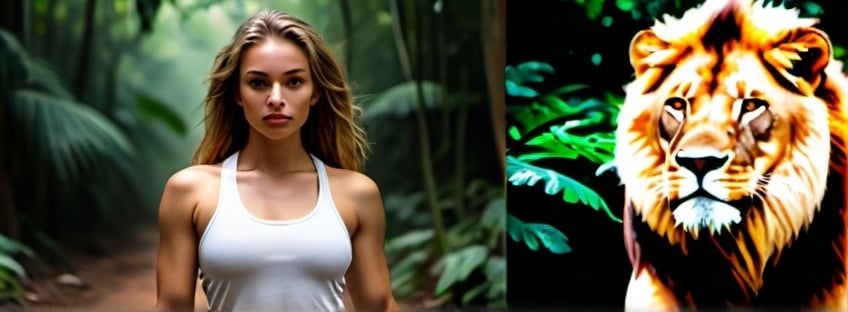 Prompt: Athletically built wild woman in a jungle setting, full body shot next to a lion, 33C-25-34, walking, intense gaze, hyper realistic, photorealistic, color photograph, high quality, highly detailed, intense colors, natural lighting, golden hour, jungle queen, detailed eyes, realistic wildlife, vibrant, powerful presence, strong and confident, detailed surroundings