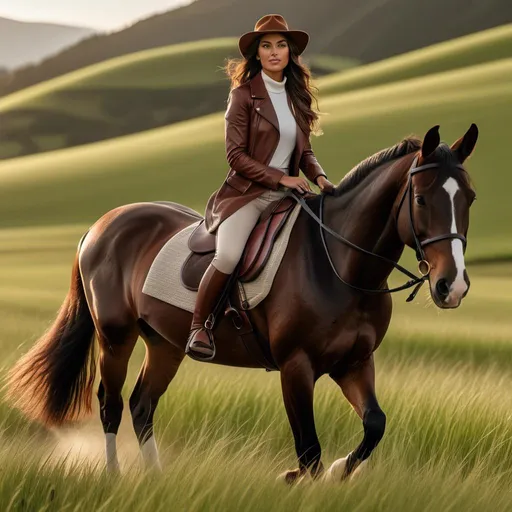 Prompt: <mymodel> Hyper realistic full-body, rendering of an athletically built 34-25-33, riding a dark chestnut thoroughbred, across a verdant field in casual attire, no hat. photorealistic, sharp, highly detailed, Golden Hour beach setting, detailed facial features, realistic skin texture and tones, high quality, 4k resolution, photorealism, beach landscape, detailed rendering, crisp, full-body shot, realistic lighting