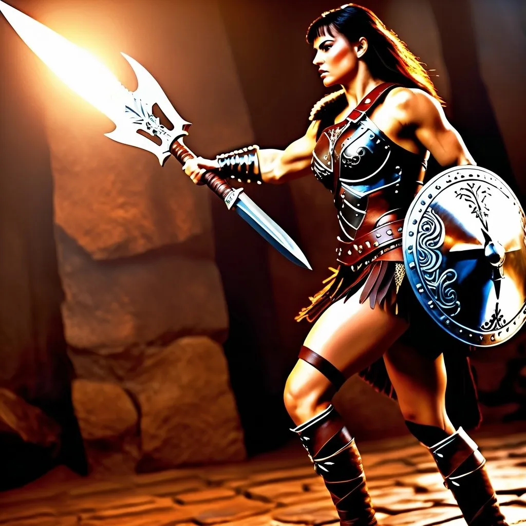 Prompt:  hyper-realistic, Photorealistic, 4k, 3D, fierce female Barbarian warriors, Leather Xena-like armor, short leather loincloths, heavily muscled, full body shot, realistic, intense action, muscular physique, detailed features, detailed armor and weapons, high quality, realistic, historical art, warm, earthy tones, dramatic lighting, dramatic shadows, epic battle, high quality, intense, earthy tones, Golden Hour Dawn lighting, natural lighting, realism



